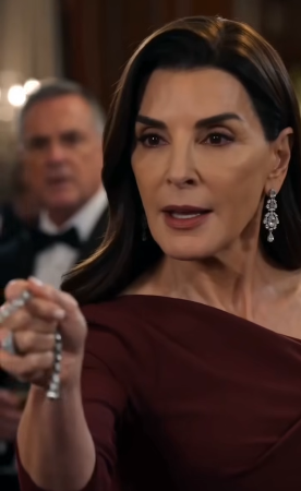 Maribel Violently Tugs The Decorative Silver Chain Fastened Loosely Around Estelle’s Collar. Estelle Is Pulled From The Banquet Chair And Falls Onto Both Knees.