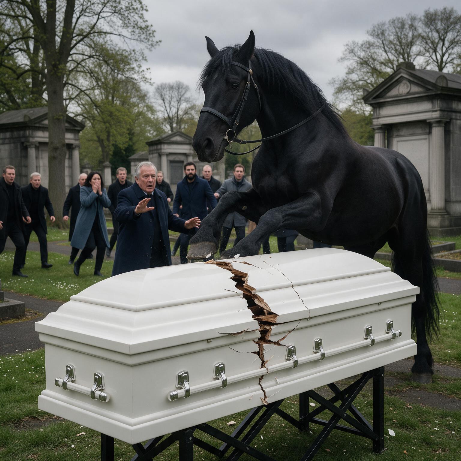 Histoire Complète : Le Cheval Noir Du Fermier A Frappé Deux Fois Son Cercueil Pendant Les Funérailles… Mais Lorsque La Fissure S’est Agrandie, Personne N’a Osé S’approcher